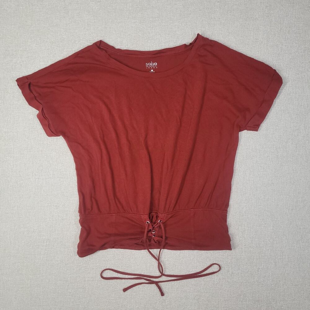 Soho New York And Company Jeans Red Lace Up Blouse Short Sleeve Size Large